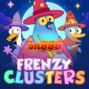 Frenzy Clusters slot game interface showing the 7x7 grid and hero selection.